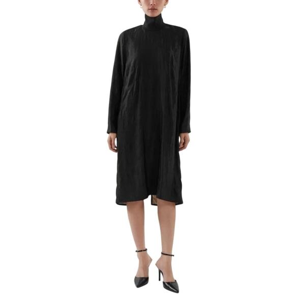 COS Black Satin Midi Turtleneck Dress Sz 12 Relaxed Fit Modern Luxury Minimalist - Picture 1 of 16